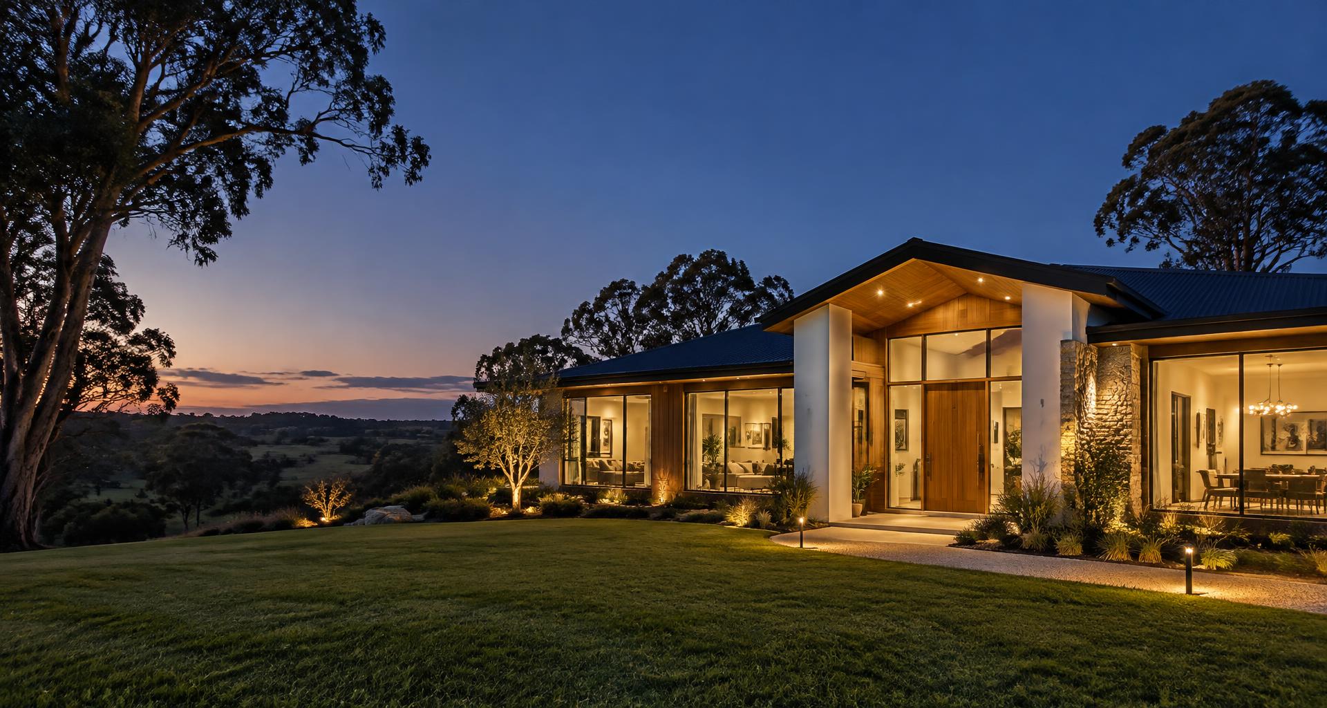 Illustrative country home with energy-efficient lighting